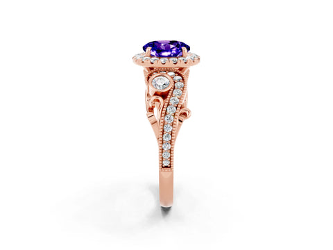 Rose gold Round Cut Tanzanite Halo Ring with Milgrain Pavé Band and Four-Prong Setting_14