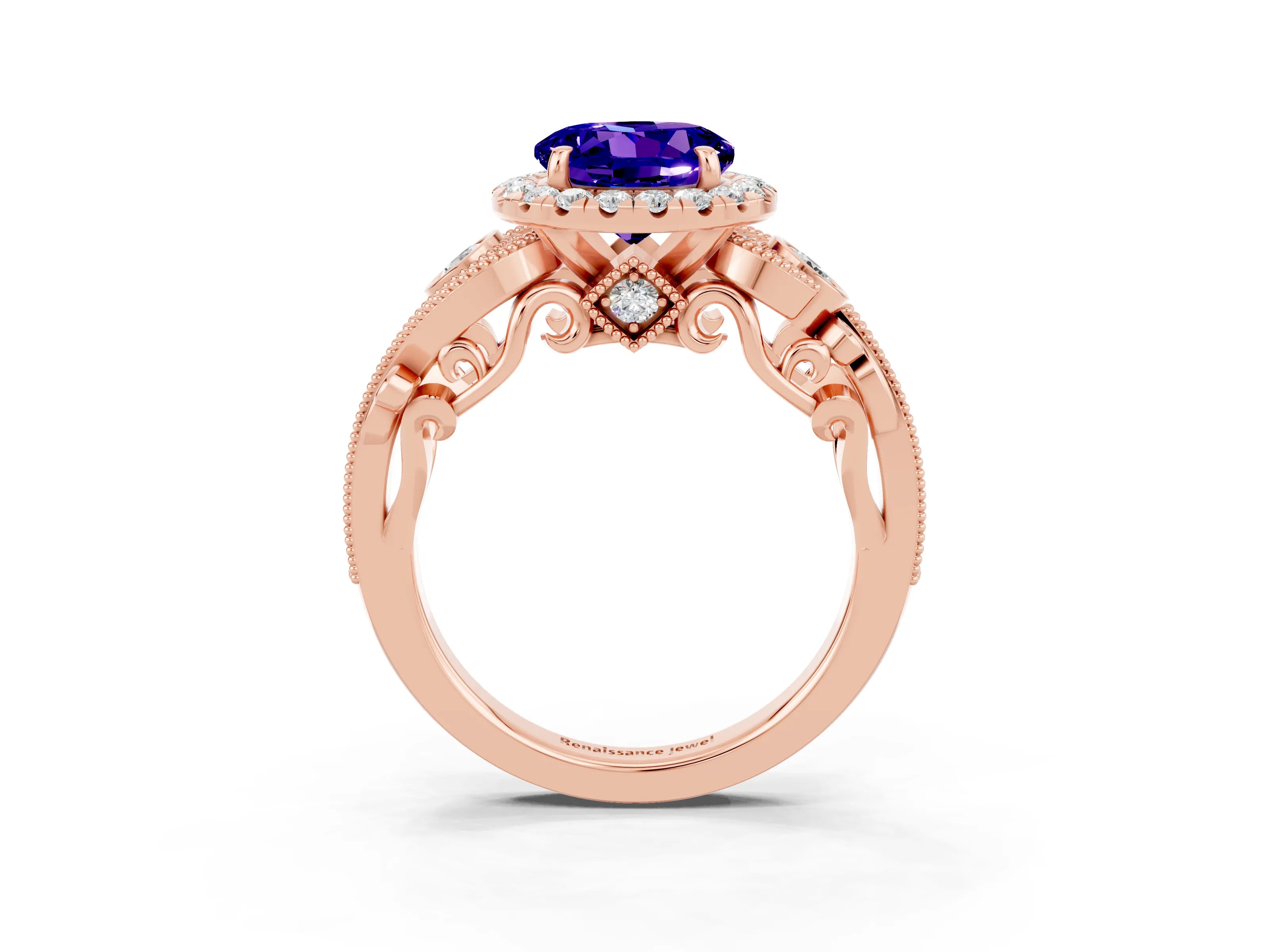 Rose gold Round Cut Tanzanite Halo Ring with Milgrain Pavé Band and Four-Prong Setting_15