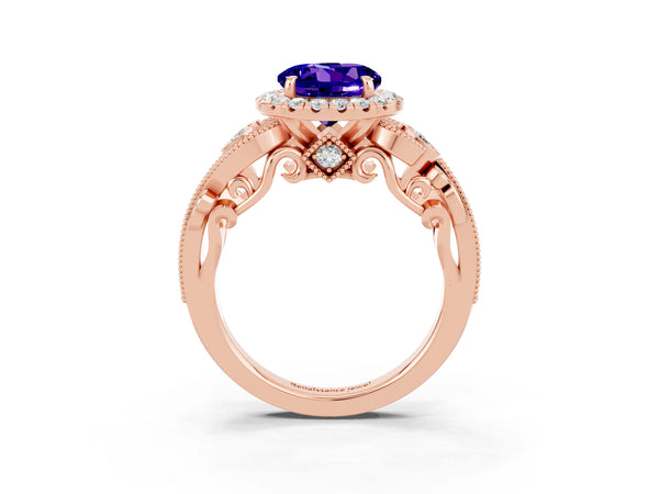 Rose gold Round Cut Tanzanite Halo Ring with Milgrain Pavé Band and Four-Prong Setting