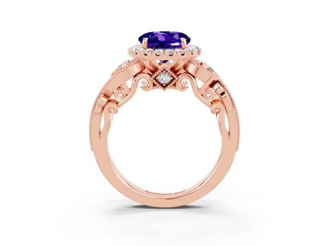 Rose gold Round Cut Tanzanite Halo Ring with Milgrain Pavé Band and Four-Prong Setting_15