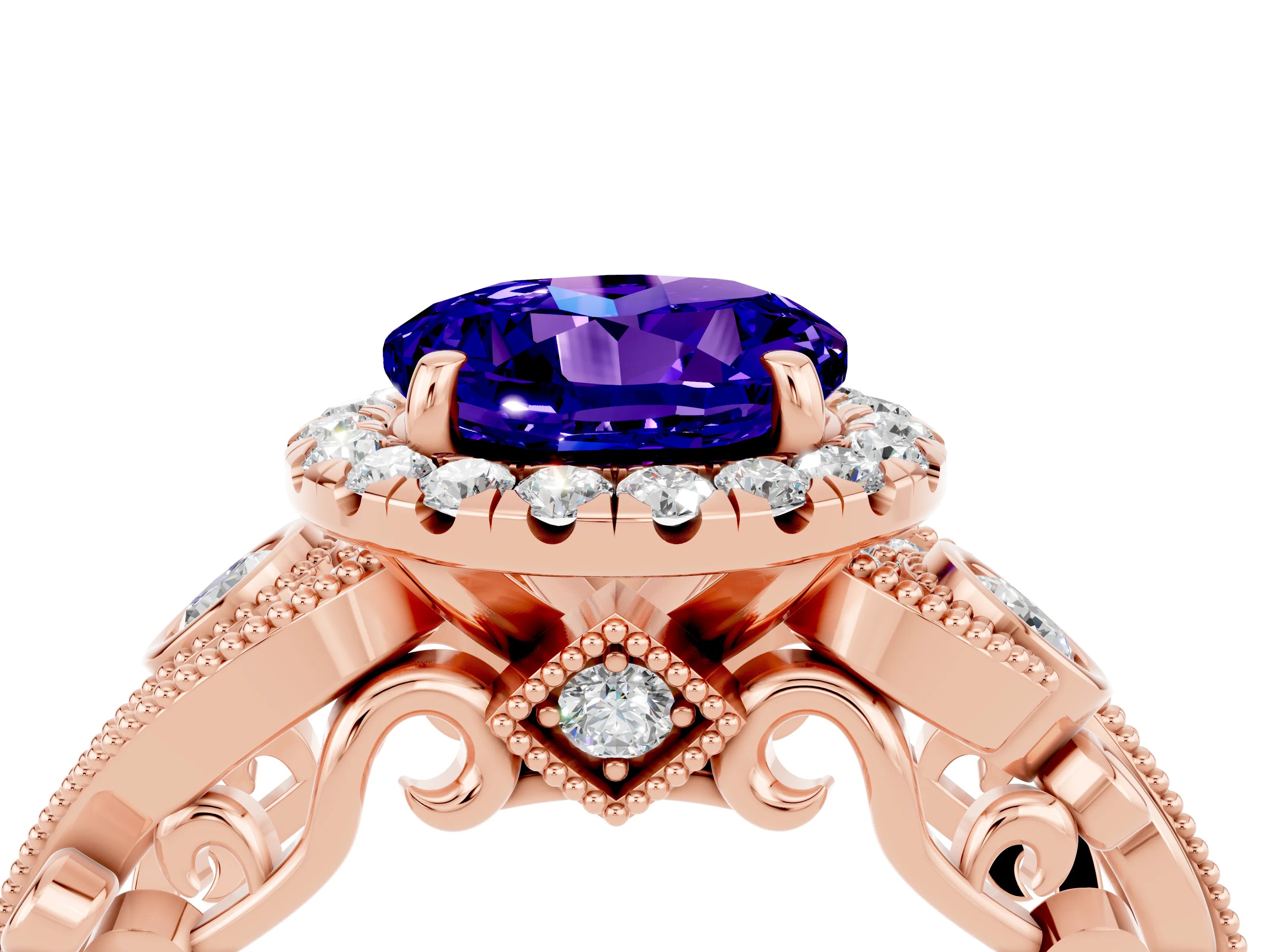 Rose gold Round Cut Tanzanite Halo Ring with Milgrain Pavé Band and Four-Prong Setting_16