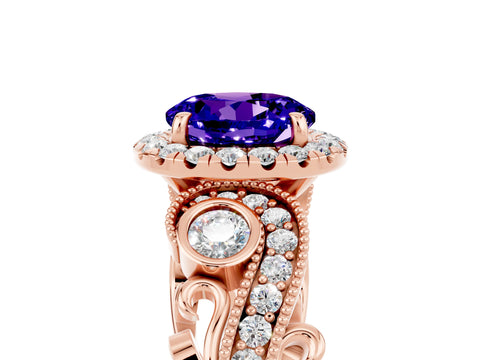 Rose gold Round Cut Tanzanite Halo Ring with Milgrain Pavé Band and Four-Prong Setting_17