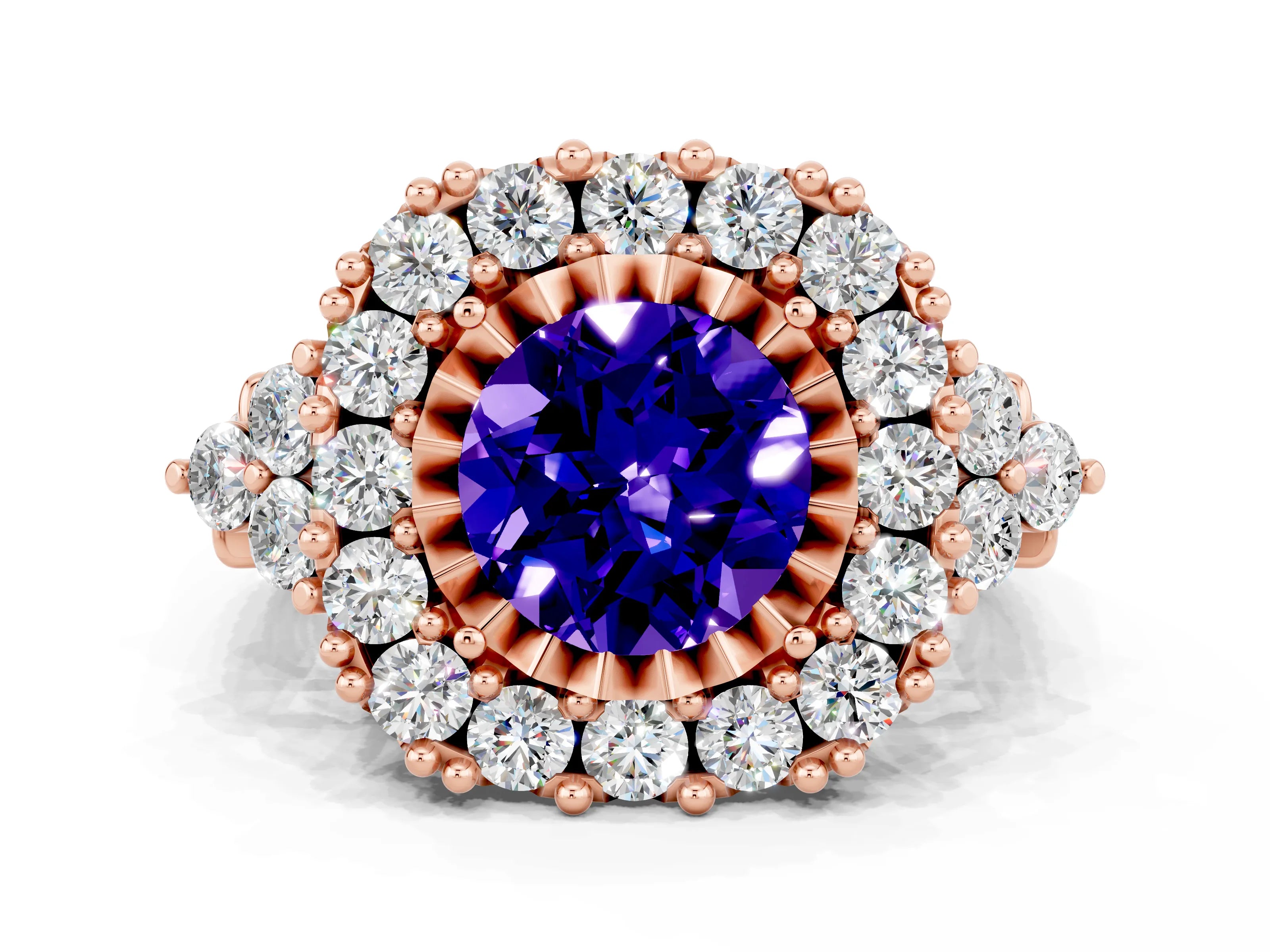 Rose gold Round Cut Tanzanite Halo Ring with Pavé Band and Four-Prong Setting_12