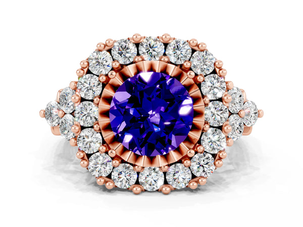 Rose gold Round Cut Tanzanite Halo Ring with Pavé Band and Four-Prong Setting