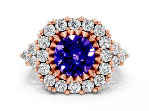 Rose gold Round Cut Tanzanite Halo Ring with Pavé Band and Four-Prong Setting_12