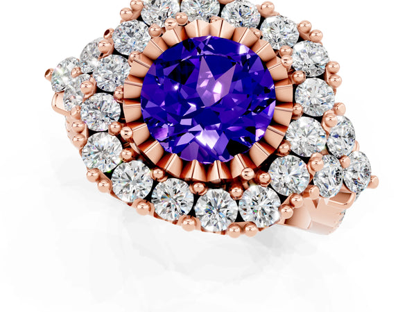 Rose gold Round Cut Tanzanite Halo Ring with Pavé Band and Four-Prong Setting