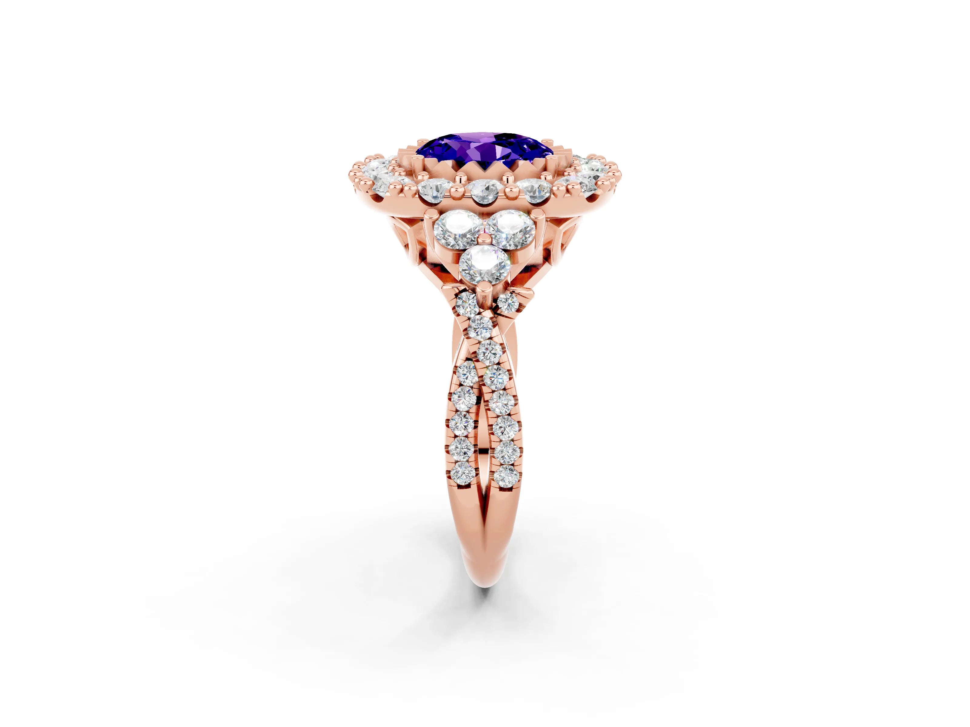 Rose gold Round Cut Tanzanite Halo Ring with Pavé Band and Four-Prong Setting_14