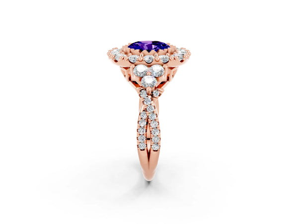Rose gold Round Cut Tanzanite Halo Ring with Pavé Band and Four-Prong Setting