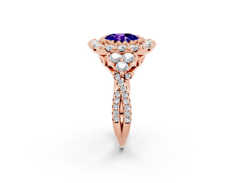 Rose gold Round Cut Tanzanite Halo Ring with Pavé Band and Four-Prong Setting_14