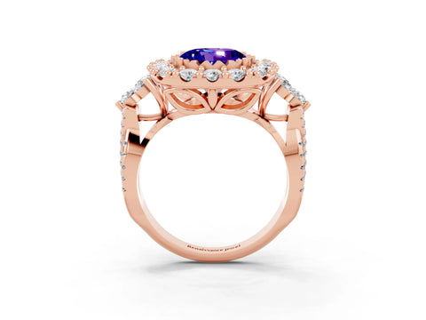 Rose gold Round Cut Tanzanite Halo Ring with Pavé Band and Four-Prong Setting_15