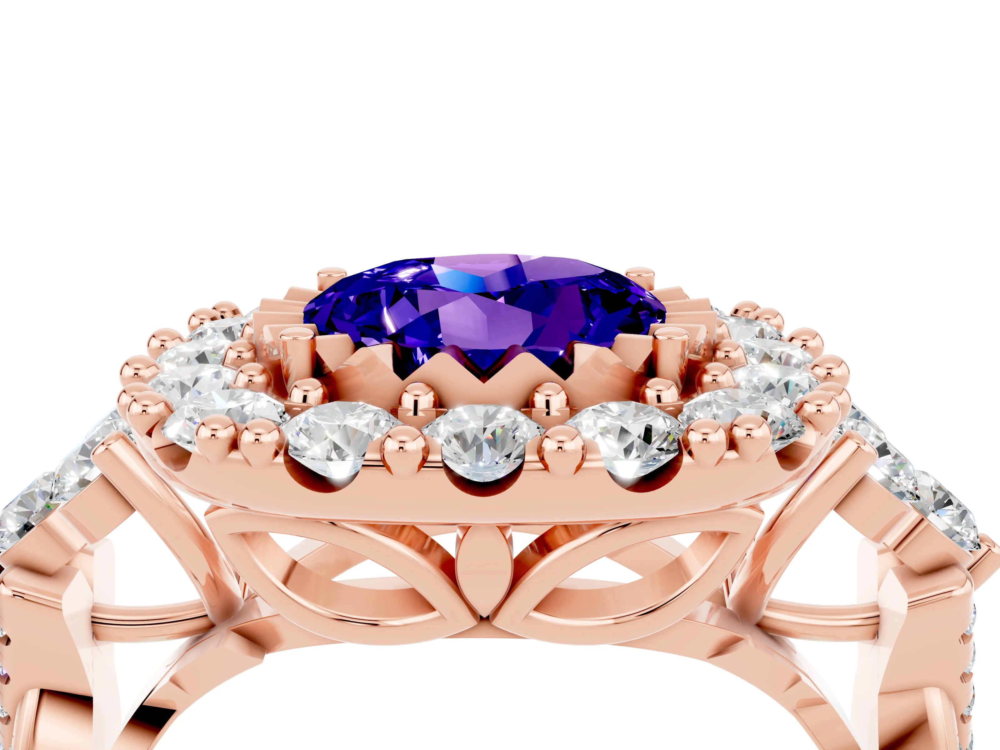 Rose gold Round Cut Tanzanite Halo Ring with Pavé Band and Four-Prong Setting_16