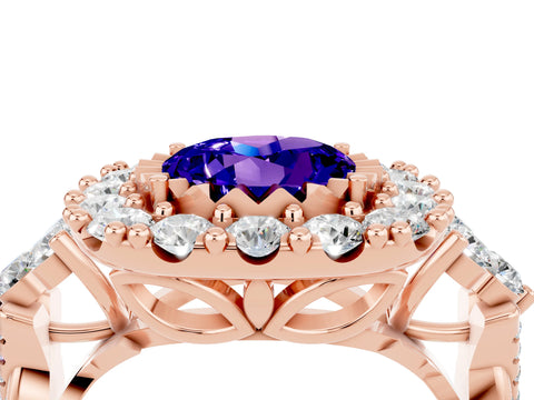 Rose gold Round Cut Tanzanite Halo Ring with Pavé Band and Four-Prong Setting_16