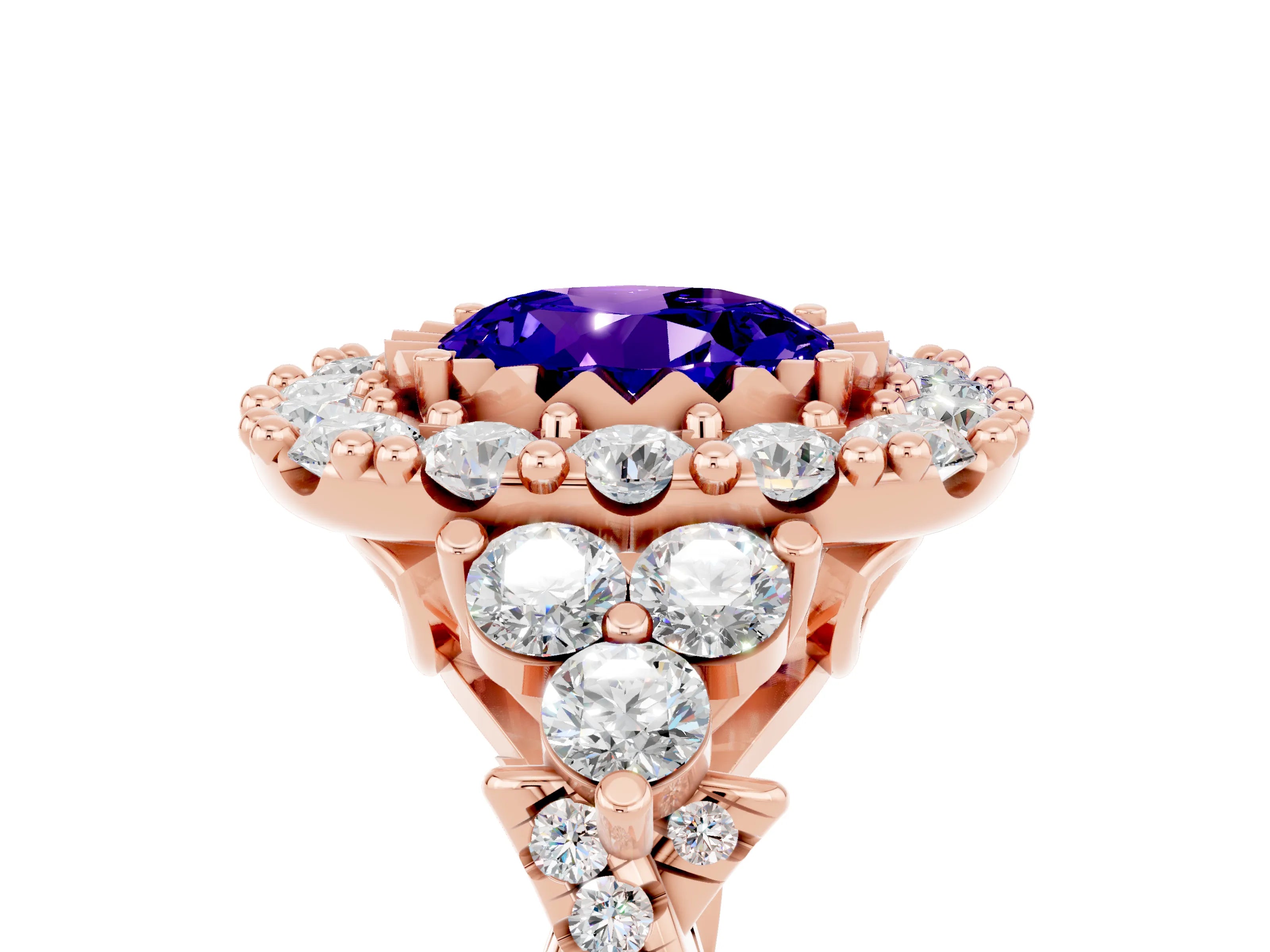 Rose gold Round Cut Tanzanite Halo Ring with Pavé Band and Four-Prong Setting_17
