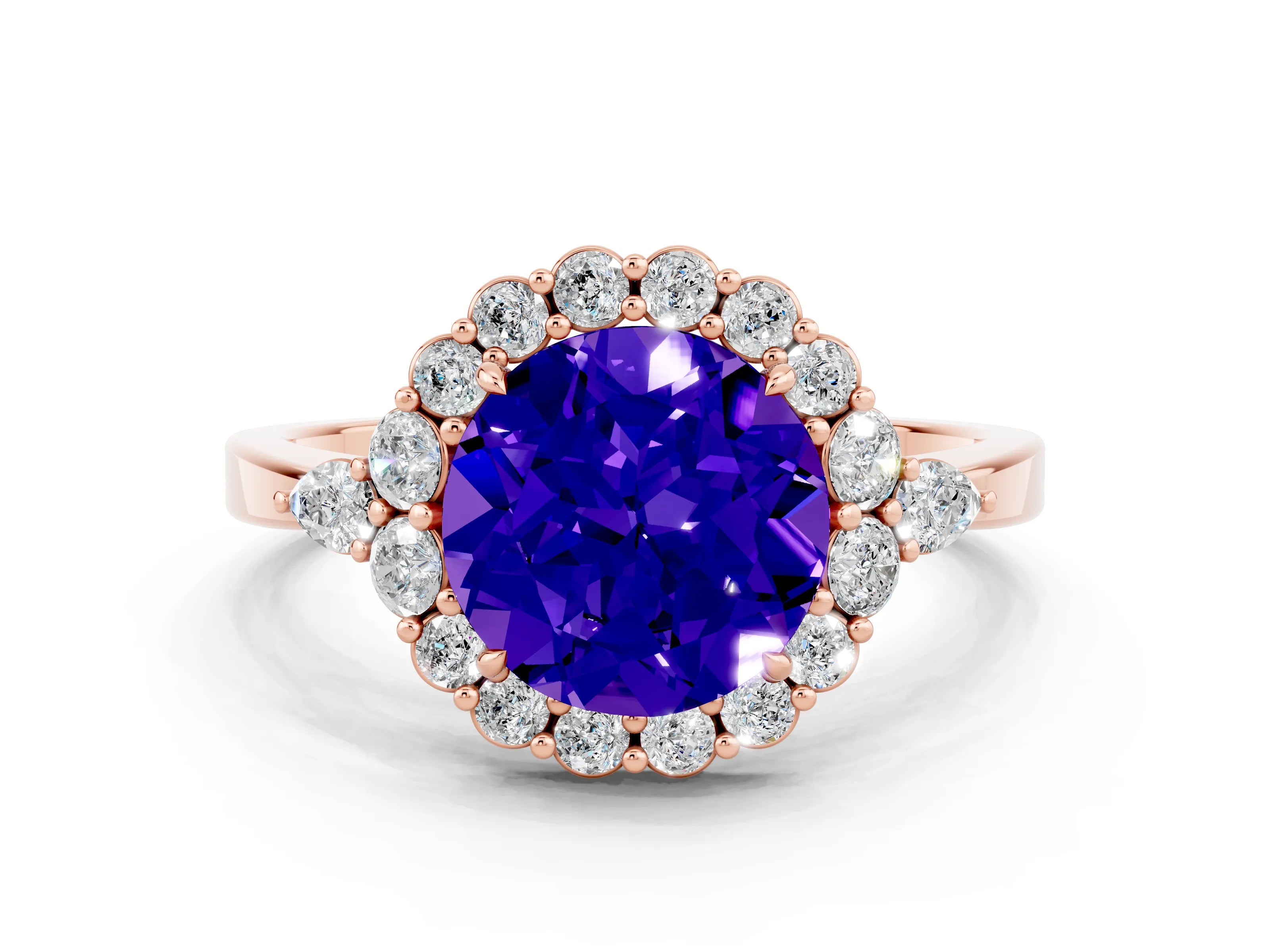 Rose gold Round Cut Tanzanite Halo Ring with Pear Side Stones and Prong Setting_12