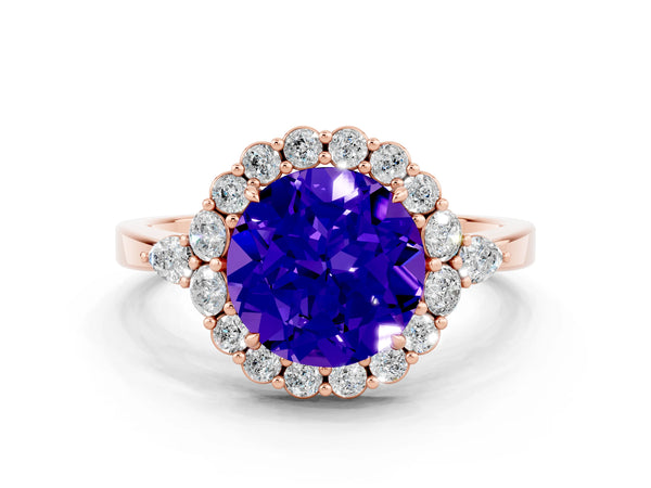 Rose gold Round Cut Tanzanite Halo Ring with Pear Side Stones and Prong Setting