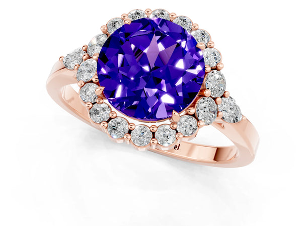 Rose gold Round Cut Tanzanite Halo Ring with Pear Side Stones and Prong Setting