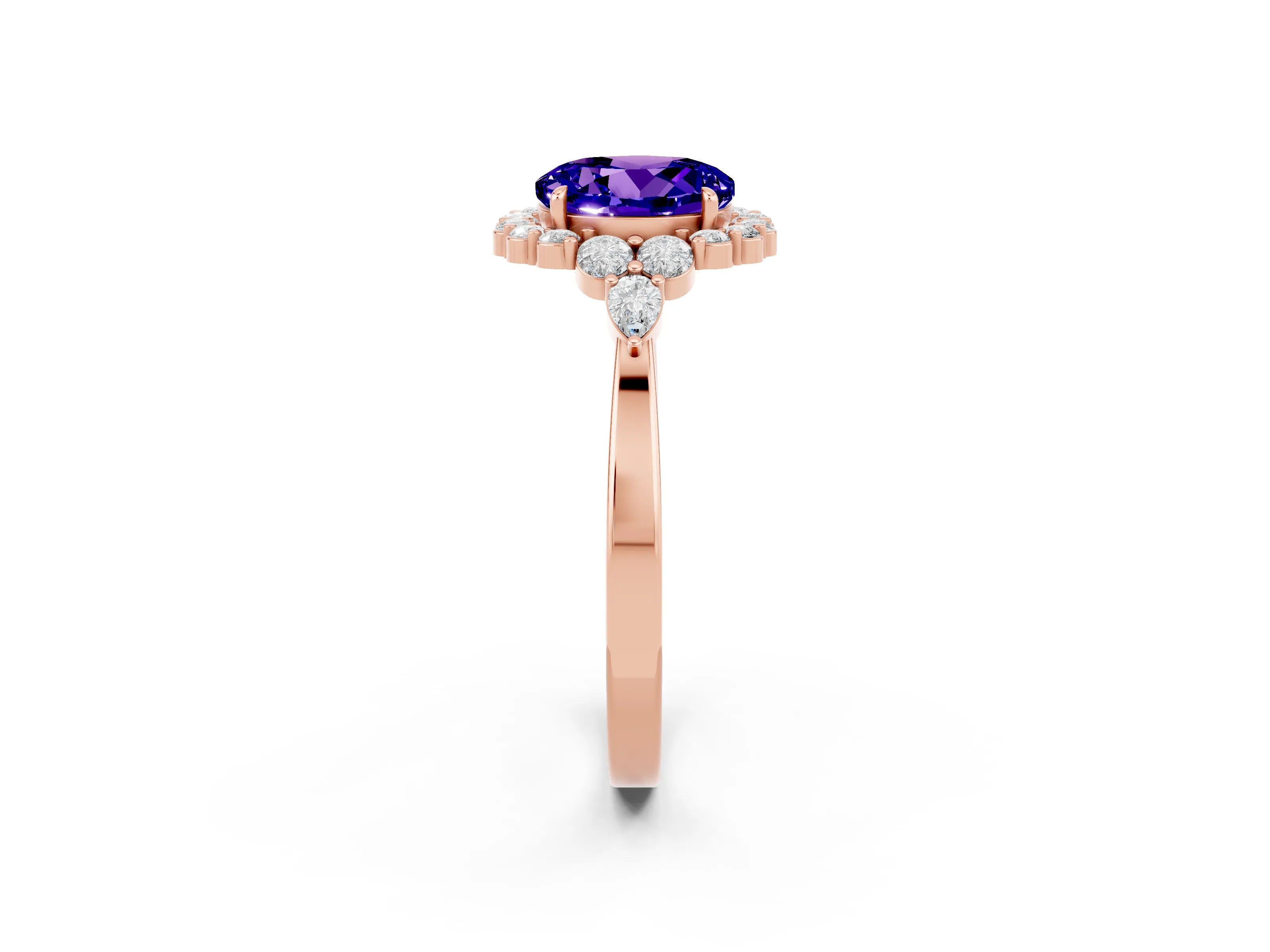 Rose gold Round Cut Tanzanite Halo Ring with Pear Side Stones and Prong Setting_14