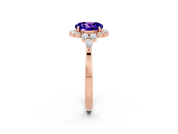 Rose gold Round Cut Tanzanite Halo Ring with Pear Side Stones and Prong Setting