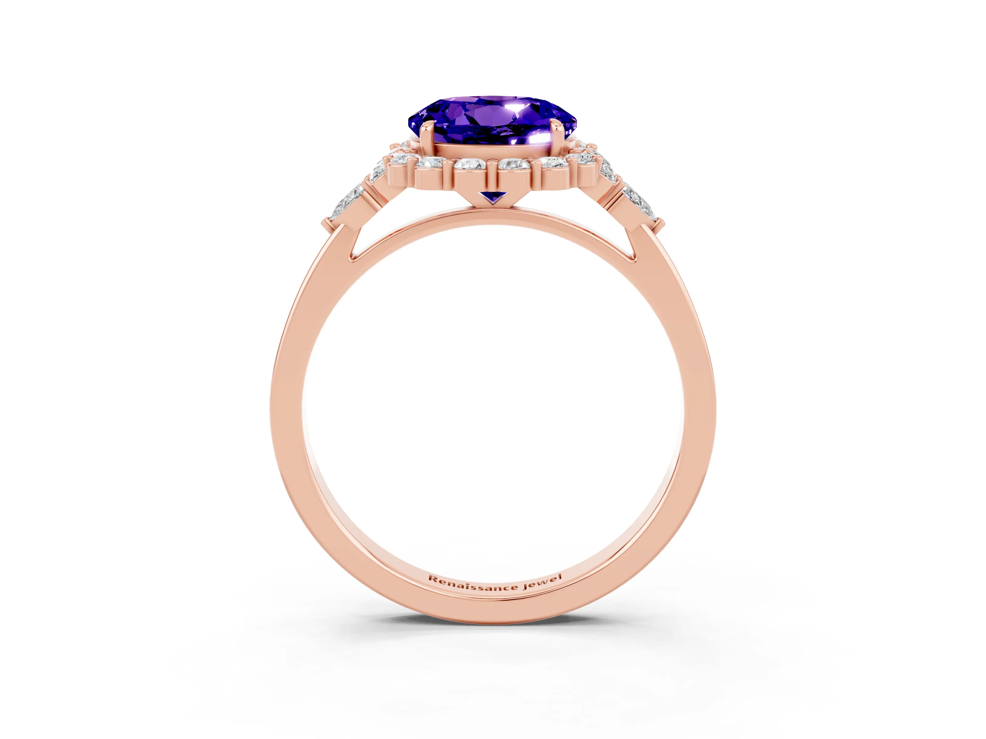 Rose gold Round Cut Tanzanite Halo Ring with Pear Side Stones and Prong Setting_15