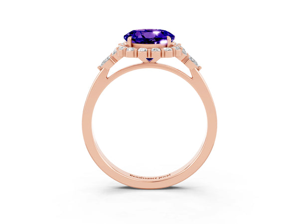 Rose gold Round Cut Tanzanite Halo Ring with Pear Side Stones and Prong Setting
