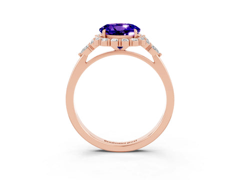 Rose gold Round Cut Tanzanite Halo Ring with Pear Side Stones and Prong Setting_15