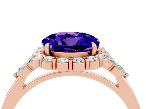 Rose gold Round Cut Tanzanite Halo Ring with Pear Side Stones and Prong Setting_16