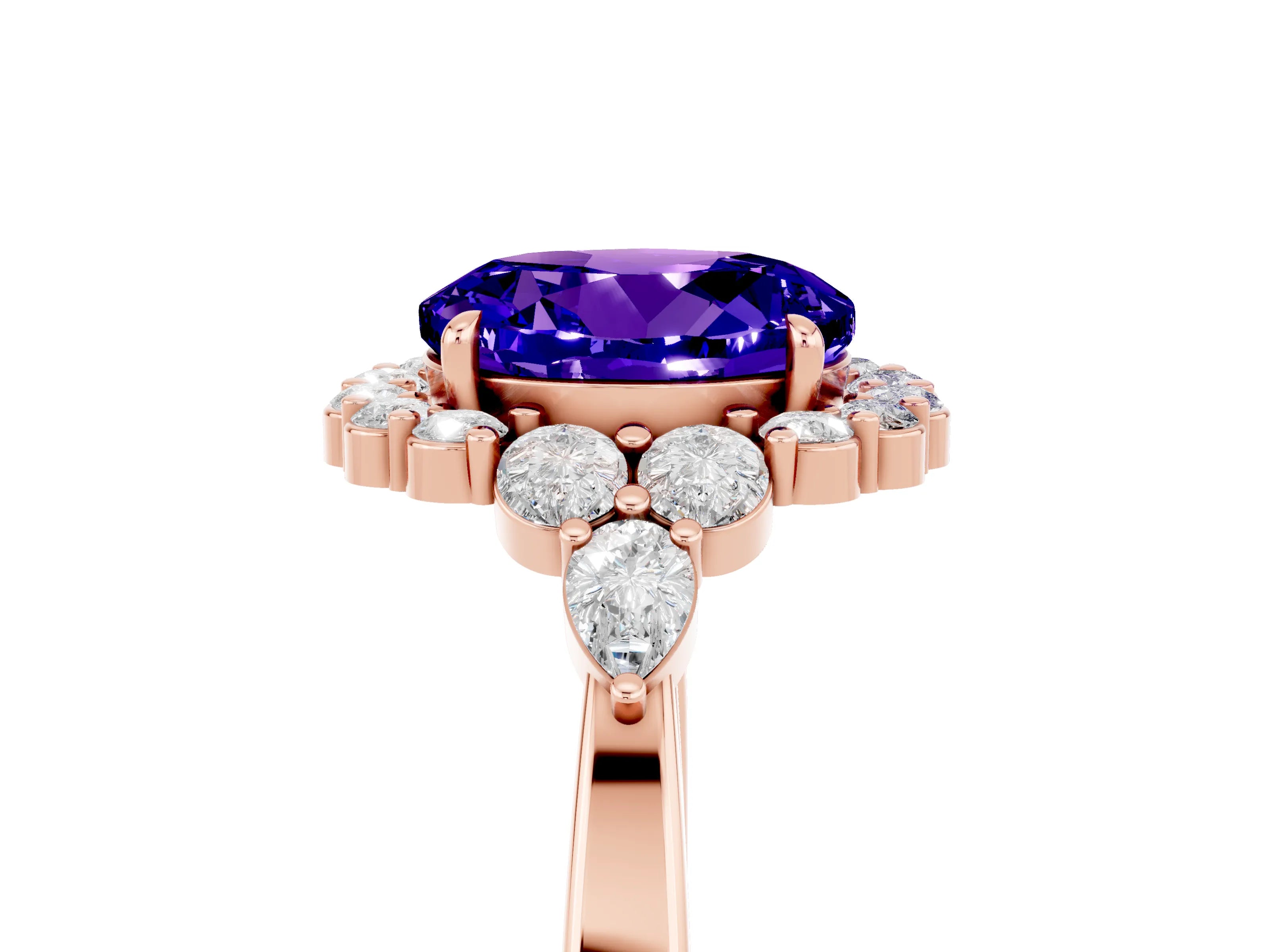 Rose gold Round Cut Tanzanite Halo Ring with Pear Side Stones and Prong Setting_17