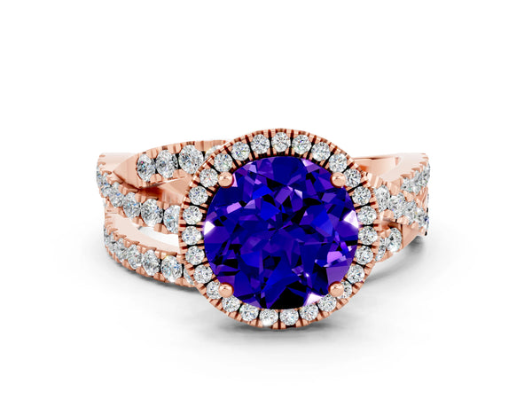Rose gold Round Cut Tanzanite Halo Ring with Round Split Shank and Prong Setting
