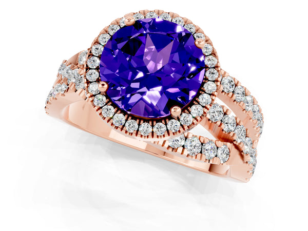 Rose gold Round Cut Tanzanite Halo Ring with Round Split Shank and Prong Setting