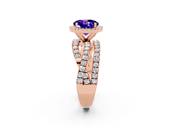 Rose gold Round Cut Tanzanite Halo Ring with Round Split Shank and Prong Setting