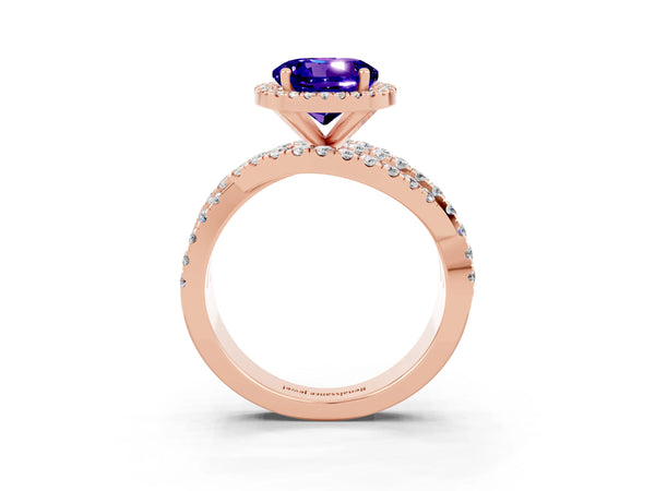 Rose gold Round Cut Tanzanite Halo Ring with Round Split Shank and Prong Setting