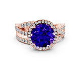 Rose gold Round Cut Tanzanite Halo Ring with Round Split Shank and Prong Setting_48