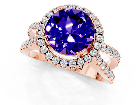 Rose gold Round Cut Tanzanite Halo Ring with Split Shank Pavé Band and Prong Setting_1