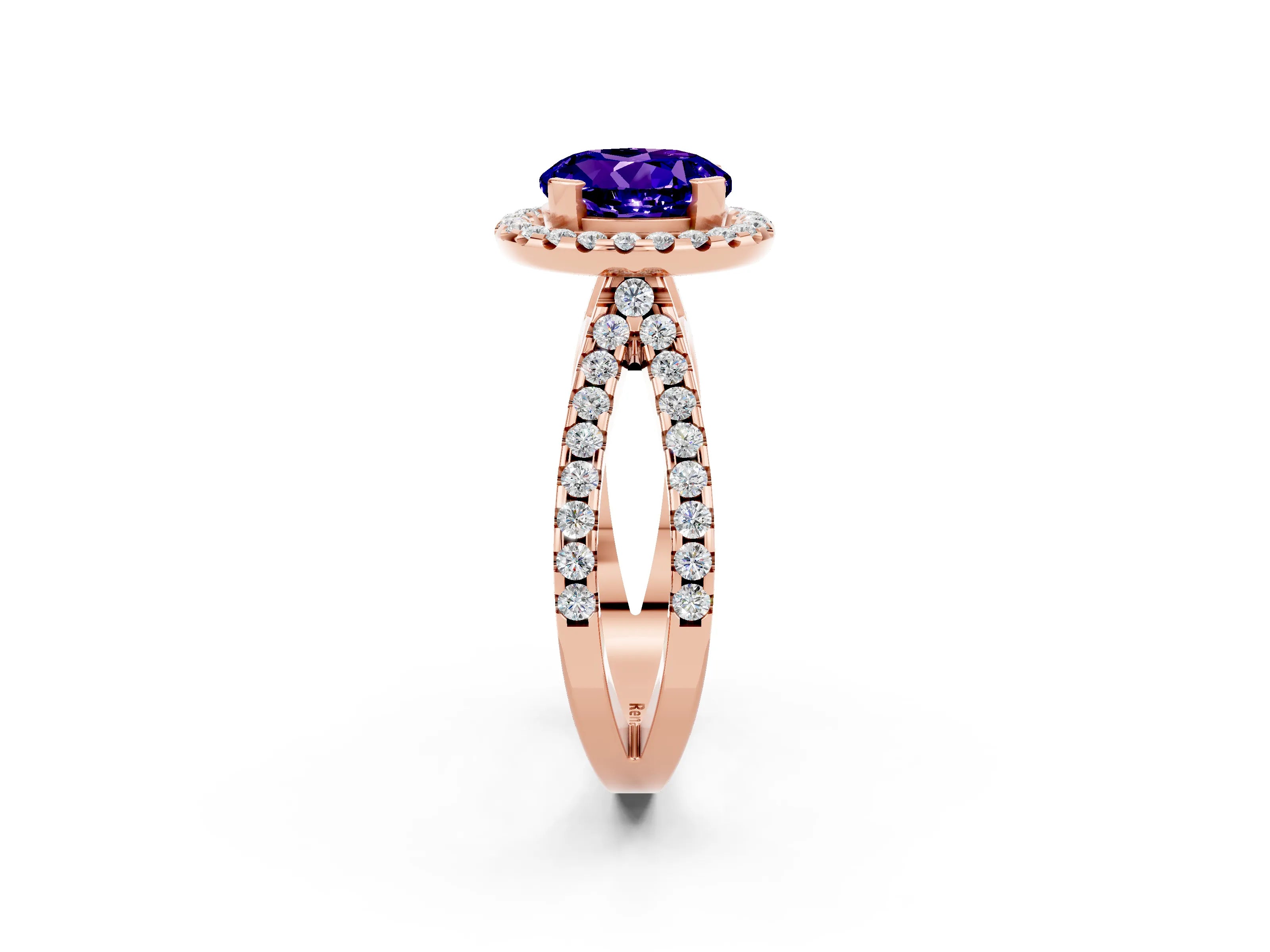 Rose gold Round Cut Tanzanite Halo Ring with Split Shank Pavé Band and Prong Setting_2