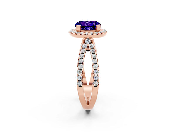 Rose gold Round Cut Tanzanite Halo Ring with Split Shank Pavé Band and Prong Setting