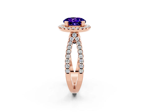 Rose gold Round Cut Tanzanite Halo Ring with Split Shank Pavé Band and Prong Setting_2