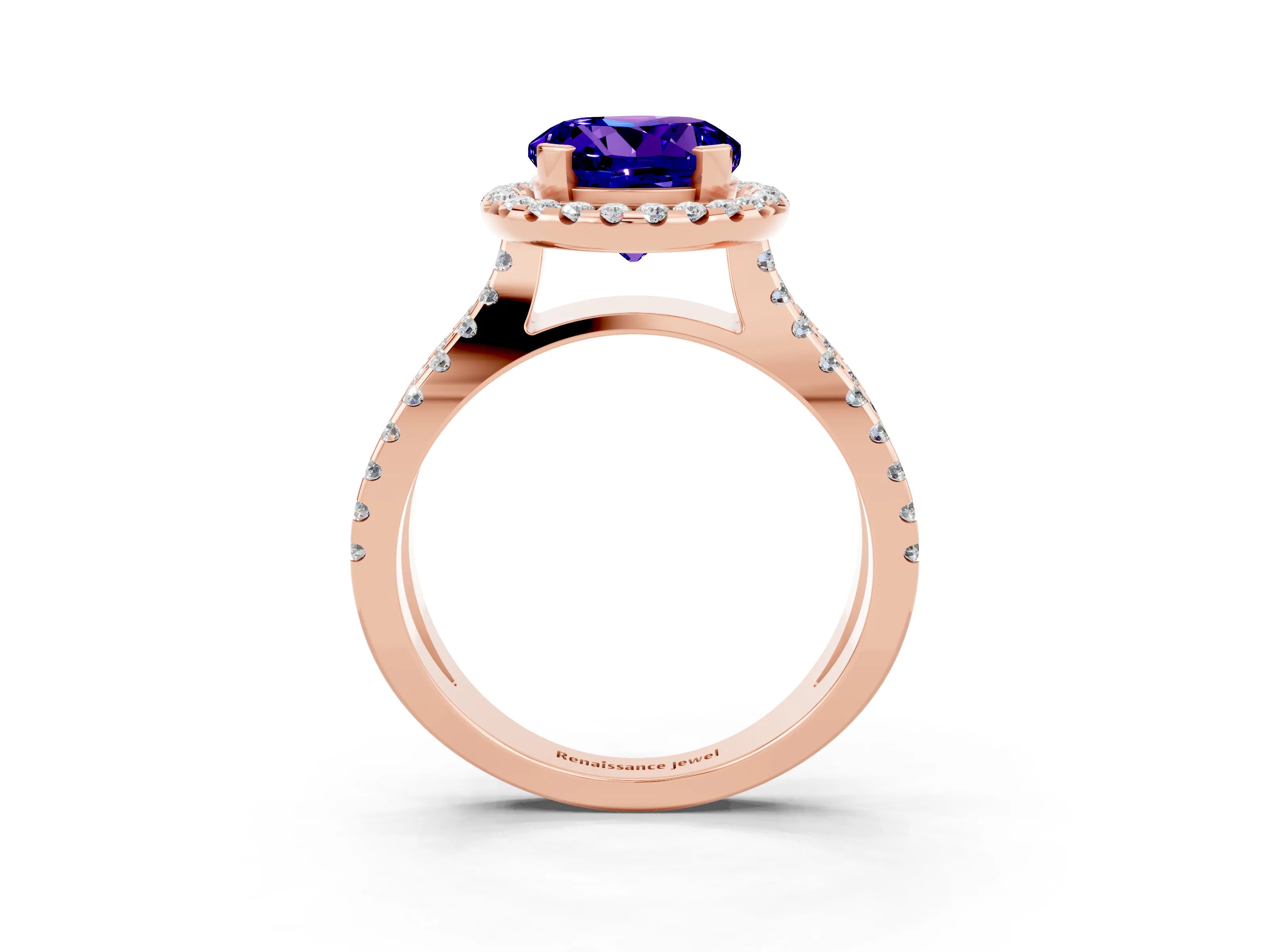 Rose gold Round Cut Tanzanite Halo Ring with Split Shank Pavé Band and Prong Setting_3