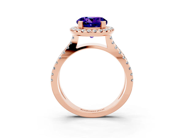 Rose gold Round Cut Tanzanite Halo Ring with Split Shank Pavé Band and Prong Setting