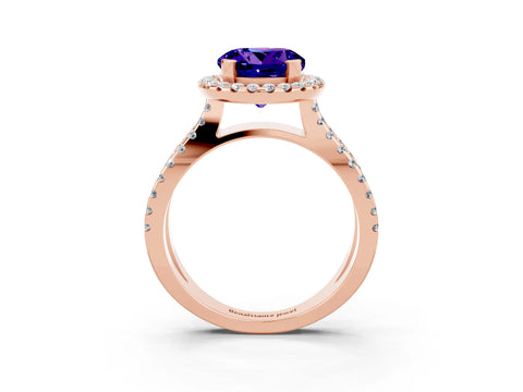 Rose gold Round Cut Tanzanite Halo Ring with Split Shank Pavé Band and Prong Setting_3
