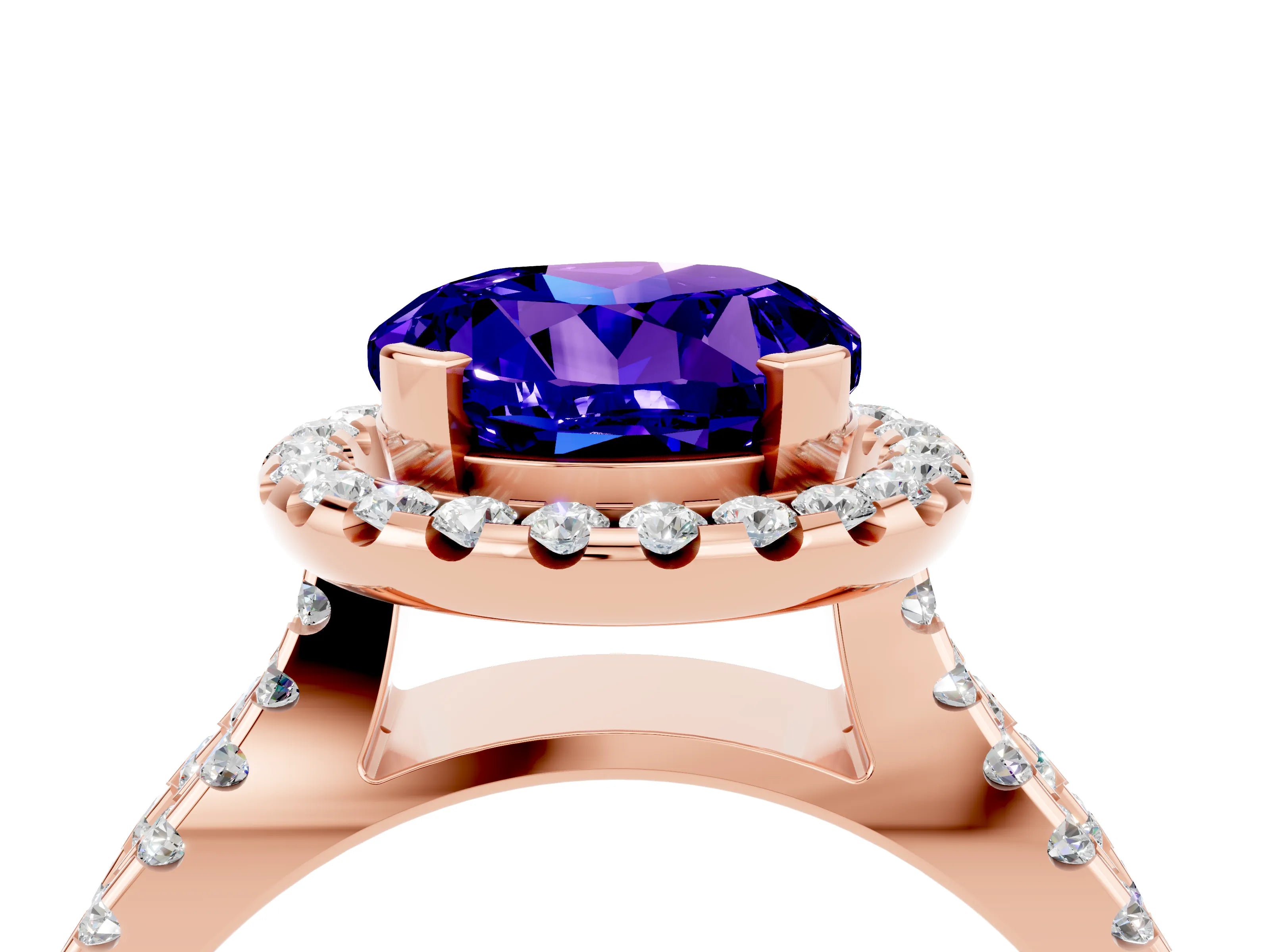 Rose gold Round Cut Tanzanite Halo Ring with Split Shank Pavé Band and Prong Setting_4