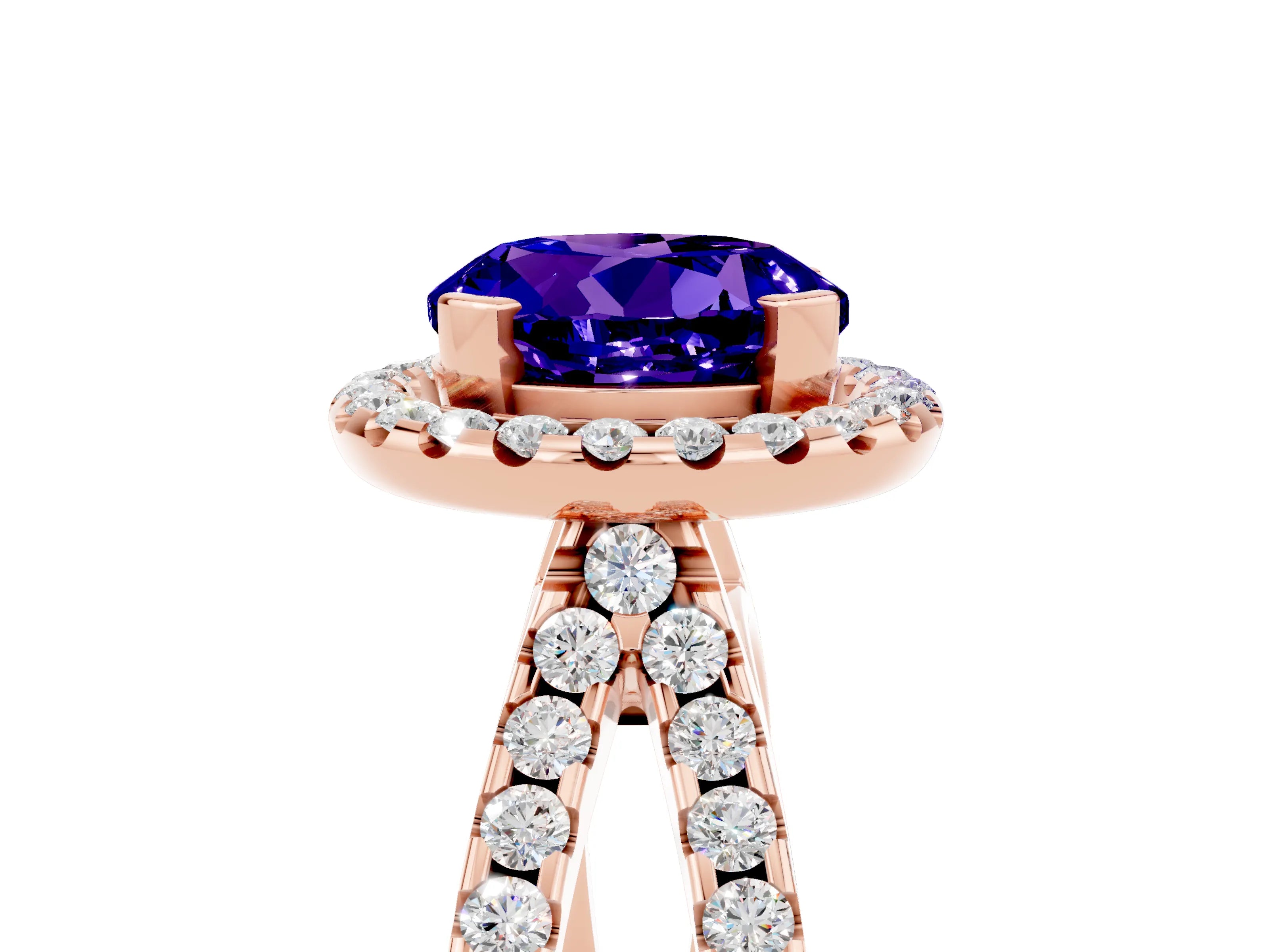 Rose gold Round Cut Tanzanite Halo Ring with Split Shank Pavé Band and Prong Setting_5