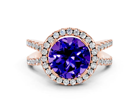 Rose gold Round Cut Tanzanite Halo Ring with Split Shank Pavé Band and Prong Setting