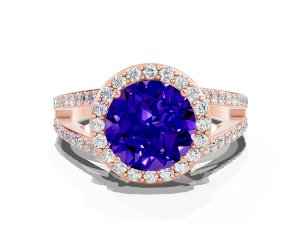 Rose gold Round Cut Tanzanite Halo Ring with Split Shank U-Prong Band and Four-Prong Setting