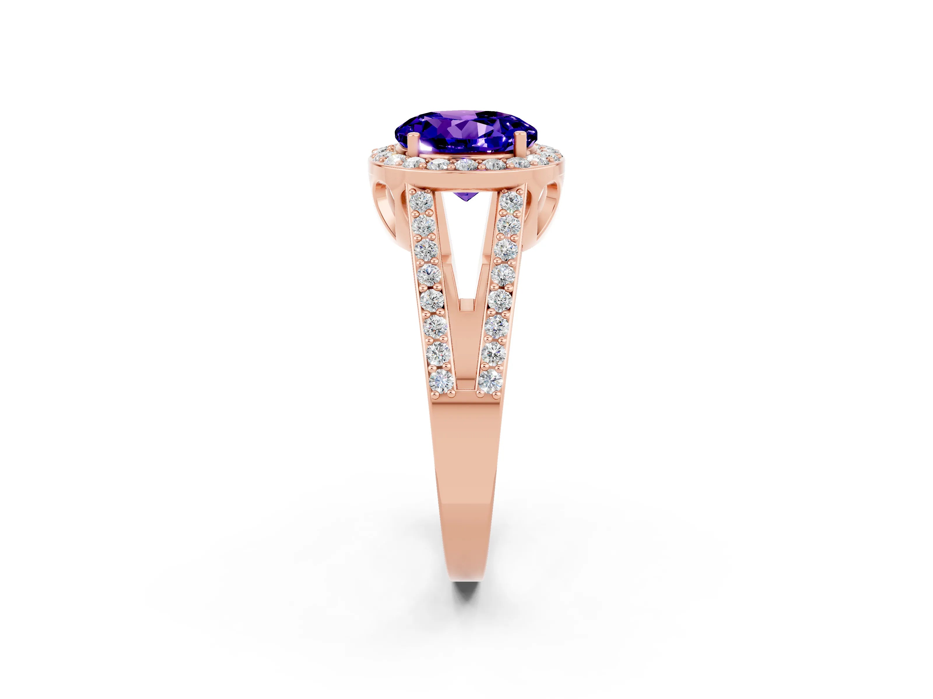 Rose gold Round Cut Tanzanite Halo Ring with Split Shank U-Prong Band and Four-Prong Setting_2