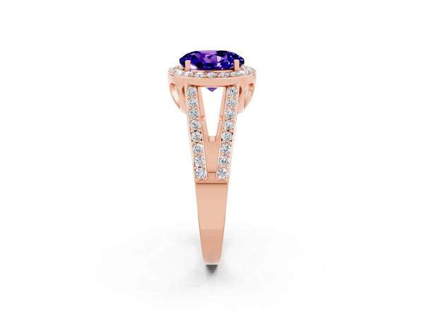 Rose gold Round Cut Tanzanite Halo Ring with Split Shank U-Prong Band and Four-Prong Setting