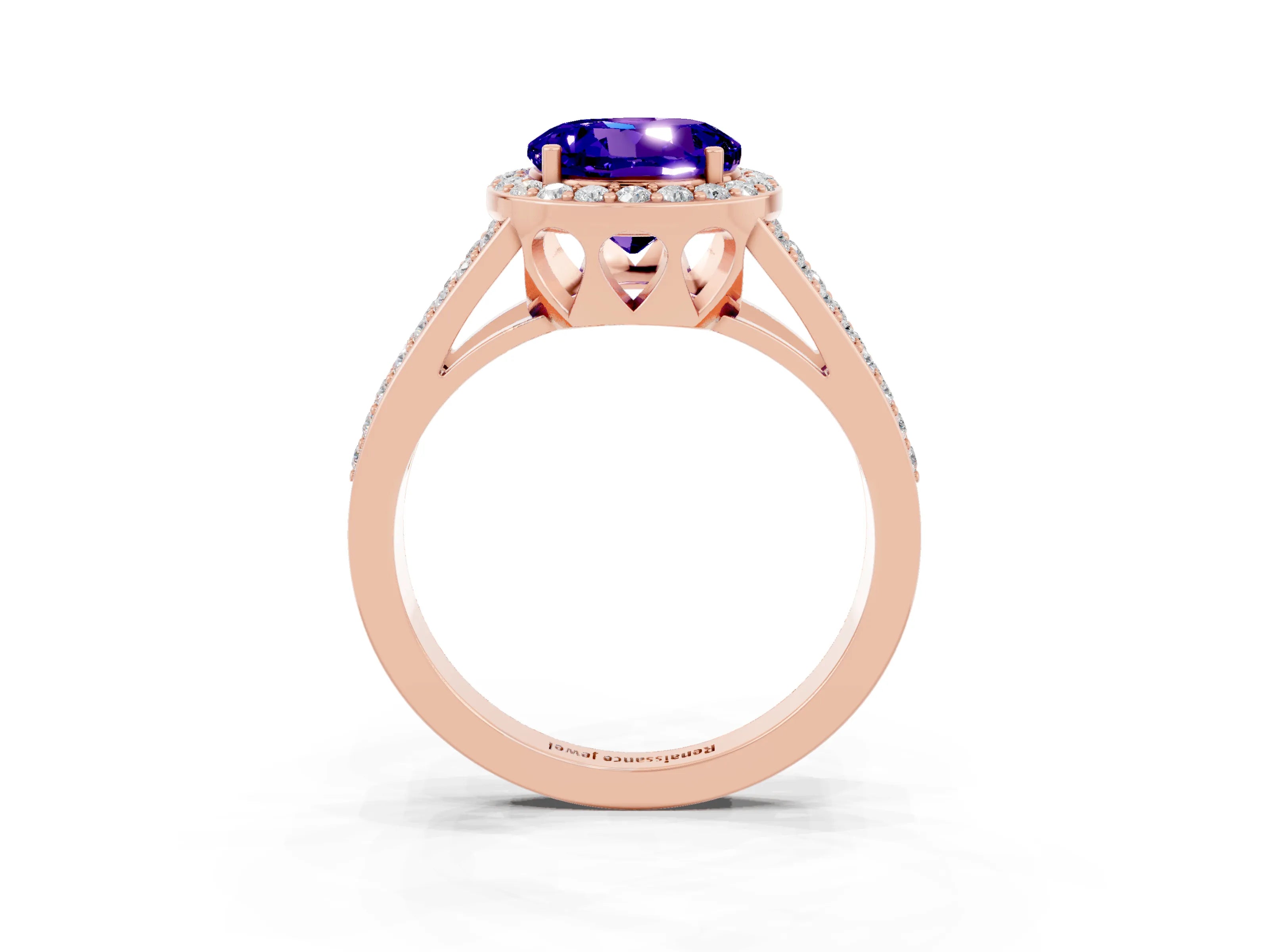 Rose gold Round Cut Tanzanite Halo Ring with Split Shank U-Prong Band and Four-Prong Setting_3