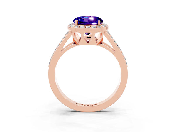 Rose gold Round Cut Tanzanite Halo Ring with Split Shank U-Prong Band and Four-Prong Setting