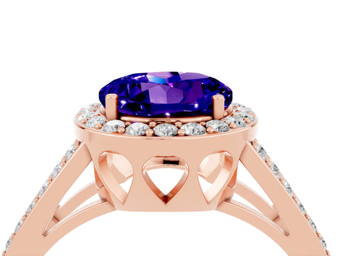 Rose gold Round Cut Tanzanite Halo Ring with Split Shank U-Prong Band and Four-Prong Setting_4