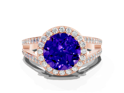 Rose gold Round Cut Tanzanite Halo Ring with Split Shank U-Prong Band and Four-Prong Setting