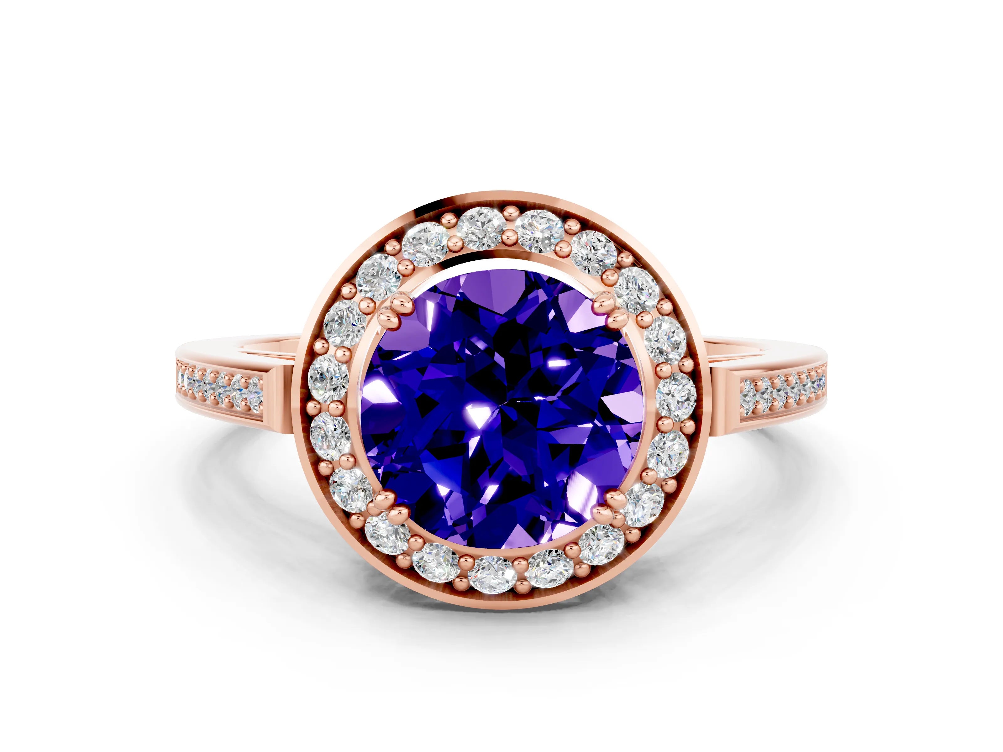 Rose gold Round Cut Tanzanite Halo Ring with Split Shank and Four-Prong Setting